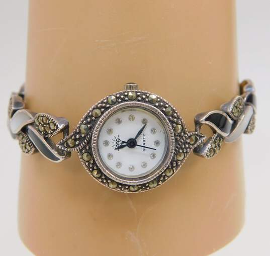 Romantic 925 Marcasite Faux Onyx & Mother of Pearl Shell Braided Watch Bracelet 28.4g image number 2