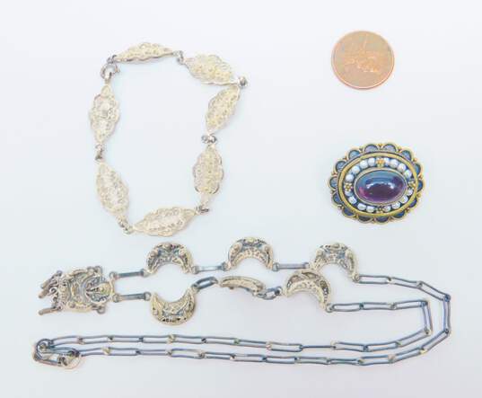 Vintage Spun Sterling Silver Necklace & Bracelet & Purple Glass Faux Pearl Brooch 20.5g image number 7