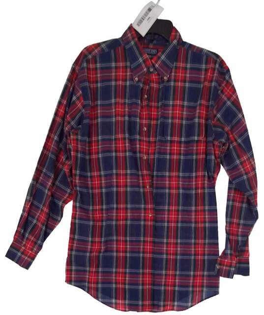Mens Red Blue Plaid Long Sleeve Spread Collar Button Down Shirt Size Large image number 1