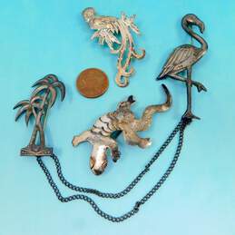 Vintage 925 Etched Bird Lizard & Flamingo & Palm Trees Chain Linked Brooches