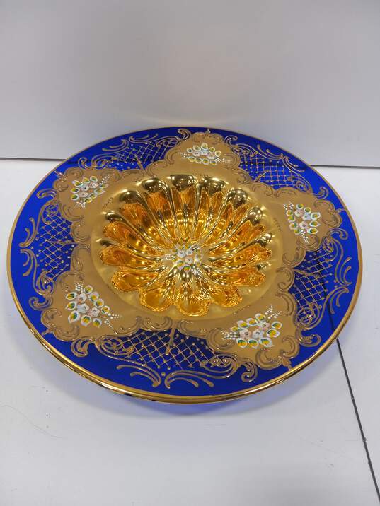 Vintage Venetian Murano Hand Painted 24K Gold Layer Cobalt Victorian Glass Plate image number 1