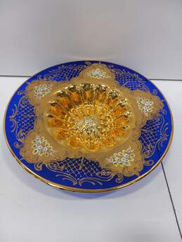 Vintage Venetian Murano Hand Painted 24K Gold Layer Cobalt Victorian Glass Plate