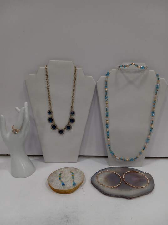 Assorted Faux Pearls, Blue & Gold Tones Jewelry Lot of 6 image number 1