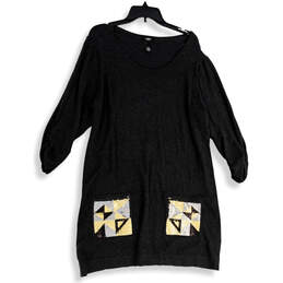Womens Gray Knitted Sequin Zipper Pockets Long Sleeve Sweater Dress Size 2X
