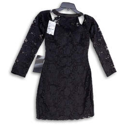 NWT Womens Black Lace Floral Long Sleeve Back Zip Sheath Dress Size Small alternative image