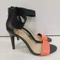 Womens Orange Black Patent Leather Zip Open Toe Stiletto Strappy Heels Size 7.5 image number 2