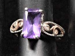 Sterling Silver 14K Yellow Gold & Diamond Accent Amethyst Ring Size 5.5 - 2.8g