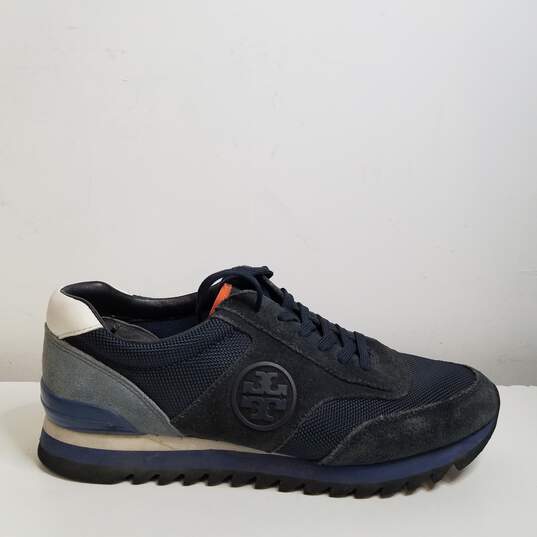Buy the Tory Burch Navy Blue Sawtooth Logo Multi Mixed Material Trainer  (44481) Women's Sneaker Size  | GoodwillFinds