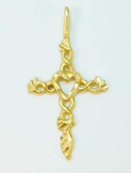 14K Yellow Gold Open Heart Cross Pendant Necklace 1.7g