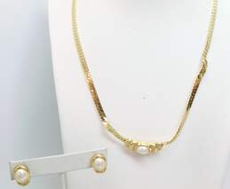 Christian Dior Goldtone Faux Pearl & Rhinestones Pendant Herringbone Chain Necklace & Matching Drop Post Earrings Set 25g