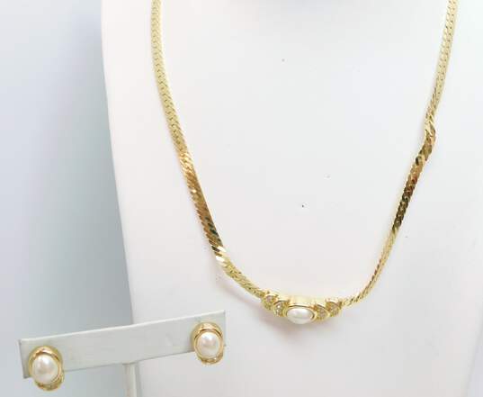 Christian Dior Goldtone Faux Pearl & Rhinestones Pendant Herringbone Chain Necklace & Matching Drop Post Earrings Set 25g image number 1