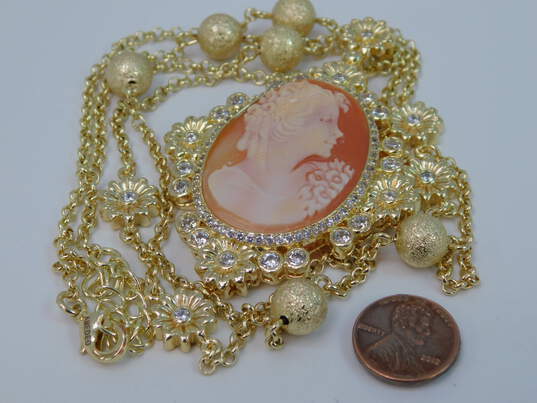 Amedeo Gold Tone Carved Shell Cameo Icy Crystal Necklace 62.2g image number 7