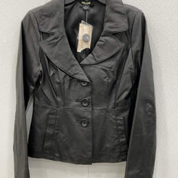 NWT Womens Black Leather Long Sleeve Button Front Motorcycle Jacket Size L alternative image
