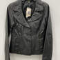 NWT Womens Black Leather Long Sleeve Button Front Motorcycle Jacket Size L image number 2