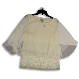 NWT Womens White Round Neck Beaded Ruffle Pullover Blouse Top Size Large