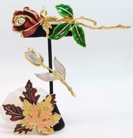 Multi Color Enamel Gold Tone Flowers & Leaves Brooches