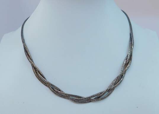 Taxco & Artisan 925 & Brass Stamped Braided Omega Chain Necklace & Modernist Rope Ridged Puffed Square Chunky Clip On Earrings 45.2g image number 2