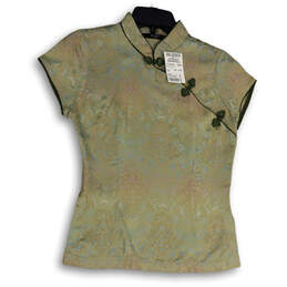 Womens Green Satin Batik Print Short Sleeve Band Collar Chinese Blouse Sz M