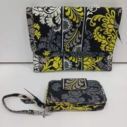 Vera Bradley Black Yellow & White Quilted Floral Pattern Makeup Bag & Wallet