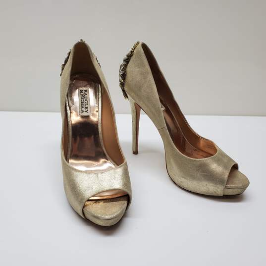 Badgley Mischka Kiara Gold Peep Toe With Embellished Heels. Woman's Sz 9M image number 6