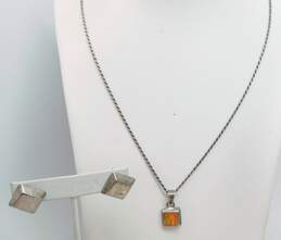 Taxco Mexico Montero & Artisan 925 & 950 Silver Orange Faux Opal Pendant Necklace & Modernist Square Post Earrings 14g