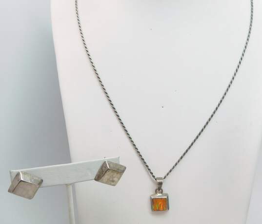 Taxco Mexico Montero & Artisan 925 & 950 Silver Orange Faux Opal Pendant Necklace & Modernist Square Post Earrings 14g image number 1