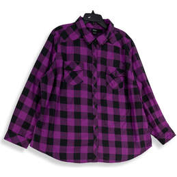 Womens Purple Black Check Spread Collar Long Sleeve Button-Up Shirt Size 3