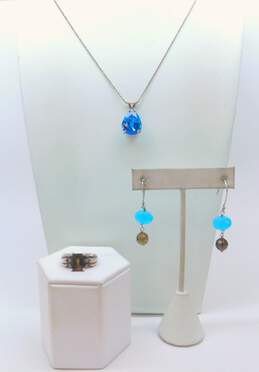 925 Sterling Silver Blue Topaz Smoky Quartz & CZ Drop Earrings Pendant Necklace & Ring 19.4g