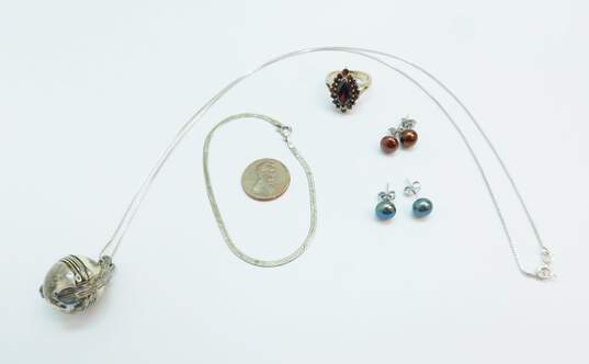 925 Pearl Stud Earrings Locket Pendant Necklace Garnet Ring Chain Bracelet 25.7g image number 9