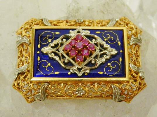 Vintage 18K Yellow Gold Ruby & Cloisonné Blue Enamel Ornate Brooch 17.4g image number 3