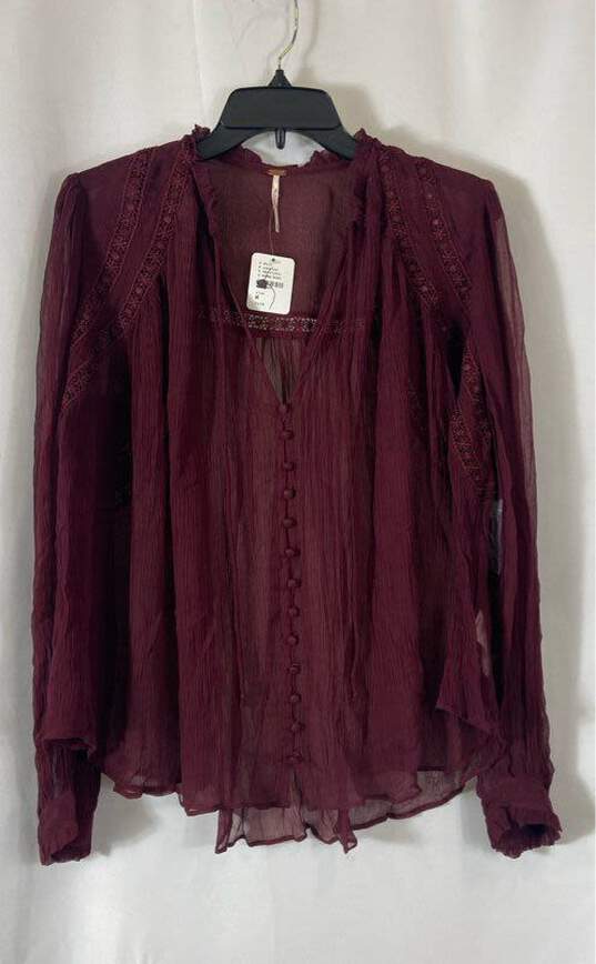 NWT Free People Womens Burgundy Long Sleeve Ruffle Split Neck Blouse Top Size M image number 1