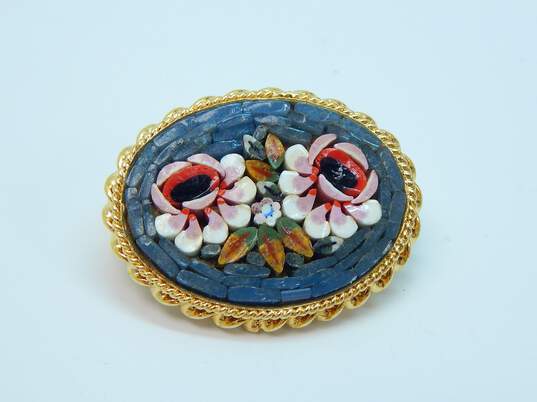 (2) Micro Mosaic Gold Tone & Brass Floral Brooches 17.0g image number 2