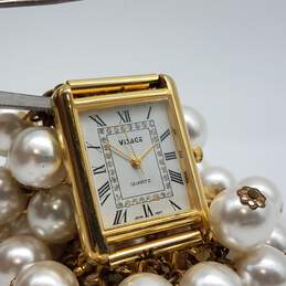 Visage Tank Unique Statement Gold Tone Faux Pearl Bracelet Ladies Quartz Watch