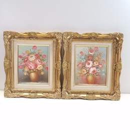 Spring Floral Still Life with Ornate Gilded Frame Set of 2 Oil on Board, Signed
