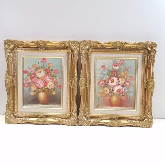 Spring Floral Still Life with Ornate Gilded Frame Set of 2 Oil on Board, Signed image number 1