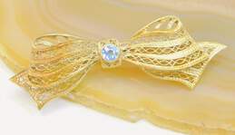 Vintage 14K Gold Sapphire Accented Spun Filigree Ribbon Bow Brooch 4.5g