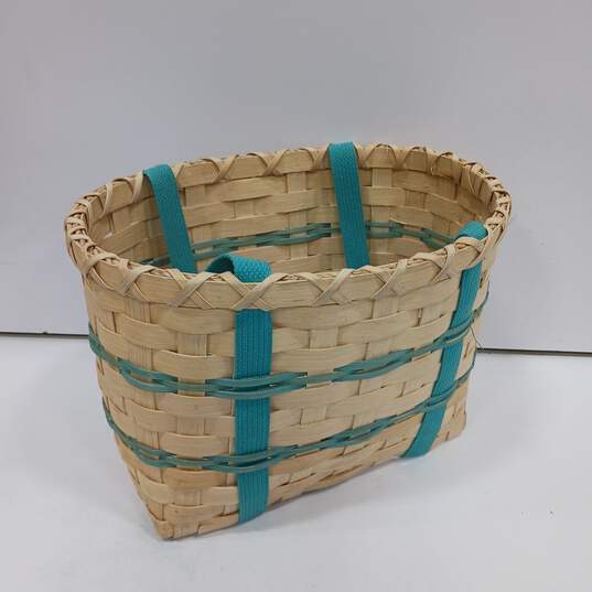 Wooden Basket w/ Aqua Carrying Handles image number 1