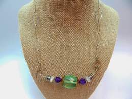 Artisan 925 Faceted Green Fluorite Amethyst & Moonstone & Textured Beads Pendant Flat Fancy Chain Necklace 33.6g
