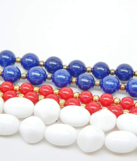 Vintage & Trifari Goldtone Americana Red White & Blue Plastic Beaded Layering Necklaces 84.8g image number 5