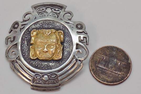 Artisan 925 Sterling Silver & 18k Yellow Gold Peruvian Etched Brooch Pin 10.5g image number 2