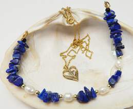 Gold Filled Heart Cross Pendant Necklace & Lapis & Pearl Bracelet 11.4g