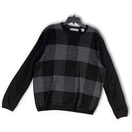 Mens Black Plaid Crew Neck Long Sleeve Stretch Pullover Sweater Size XL