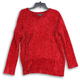 Womens Red Knitted Long Sleeve V-Neck Pullover Sweater Size Small