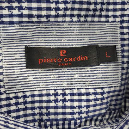 Pierre Cardin Blue Checkered Mercerized Cotton Button Up Dress Shirt Men's Size L NWT image number 3