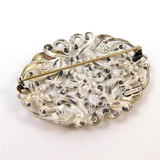 Vintage Romantic 925 Etched Hoop Earrings & Floral Scrolled Oval Brooch 12.4g image number 6