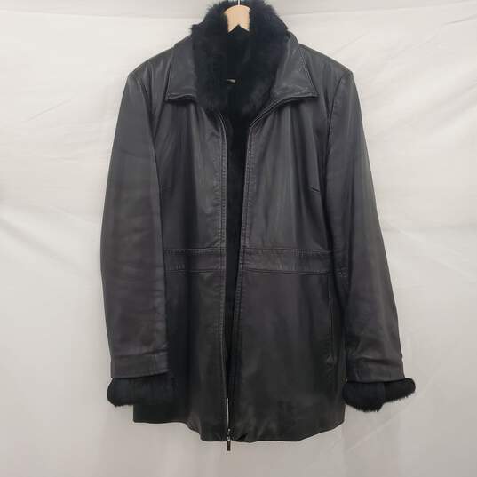 Black Leather Jacket Rabbit Fur Collar & Lining image number 1