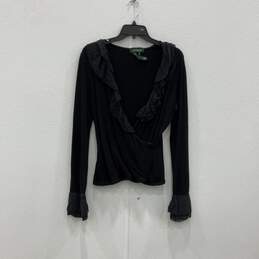 Womens Black Long Sleeve Ruffled V-Neck Pullover Blouse Top Shirt Size M