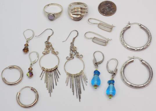 Artisan 925 Sterling Silver Variety Hoop & Drop Earrings & Amethyst & Scrolled Rings 28.6g image number 2