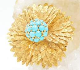 Vintage 18K Gold Mid Century Turquoise Cabochons Cluster Textured Petals Flower Brooch 18.6g