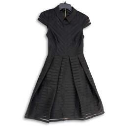 Womens Black Striped Spread Collar Back Zip Fit & Flare Dress Size 0